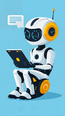 Cute friendly artificial intelligence robot using laptop computer. Consulting assistant, robotic device. Ai personal assistant concept	