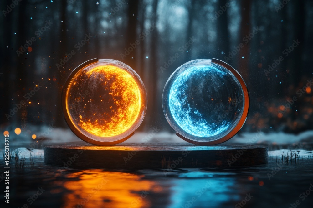 Poster a magical scene of two orbs, one glowing with warm orange light and the other with cool blue, orbiti