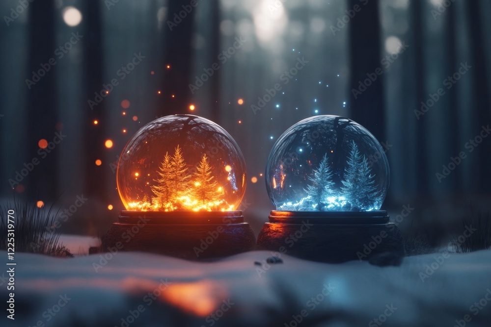 Poster a magical scene of two orbs, one glowing with warm orange light and the other with cool blue, orbiti