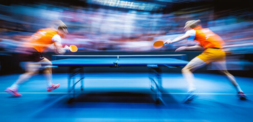 A fierce table tennis match. Through the slow shutter shooting technique, the dynamic effect of the rapid movement of athletes is captured.