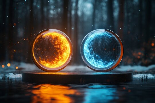A magical scene of two orbs, one glowing with warm orange light and the other with cool blue, orbiting each other in a mystical forest to symbolize complementary energy