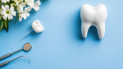 Flat lay arrangement of dental tools, tooth floss, and a white teeth model against a blue background showcasing dental care essentials.