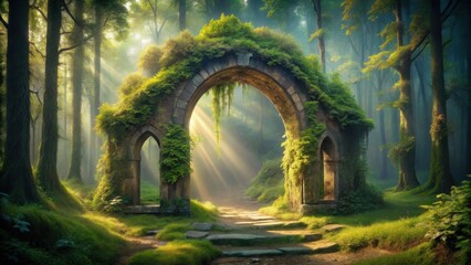 Fototapeta premium Sunlit Path Through Mossy Stone Archway in Enchanting Forest