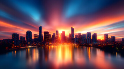 Stunning sunset over a city skyline reflecting in the water, showcasing vibrant colors and urban landscape beauty.