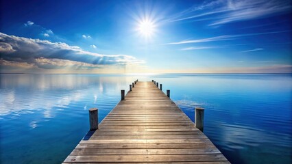 Fototapeta premium Serene Wooden Dock Extending into a Calm, Azure Ocean Under a Bright Sun