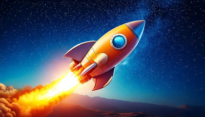 Fototapeta premium A vibrant orange retro rocket blasts off against a stunning night sky filled with stars. Perfect for illustrating concepts of innovation, adventure, and new beginnings.