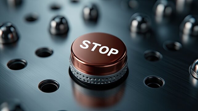 Close-up of a red stop button prominently displaying STOP, situated on a grey metal surface, highlighting industrial safety features