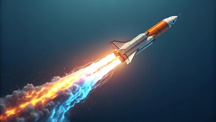 Rocket Launching with Colorful Flames in Dark Space Background