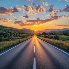 Road to sunset with sun rays and golden clouds over hills and green meadows in countryside