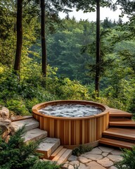 Relaxing wooden hot tub surrounded by lush greenery in the forest during a sunny afternoon