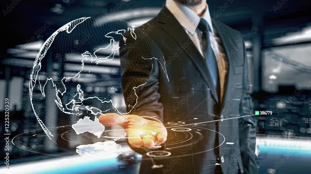 Poster businessman presenting digital globe with innovative technology in a modern office setting during da