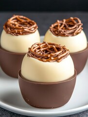 Chocolate cups with white cream frosting, decorated with pretzels, on a light background. Sweet treat concept