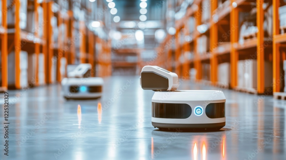 Poster automated robot system in modern futuristic warehouse for efficient product storage and distribution