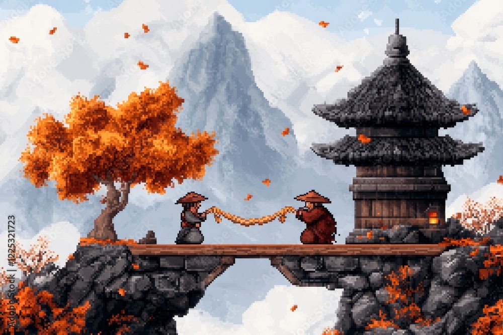 Poster a pixel art scene of two characters standing on opposite platforms, throwing pixelated ropes to crea