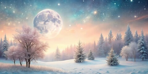 A serene winter landscape with snow-covered trees and a full moon in the sky, surrounded by soft pastel colors and subtle floral patterns , winter wonderland, serene