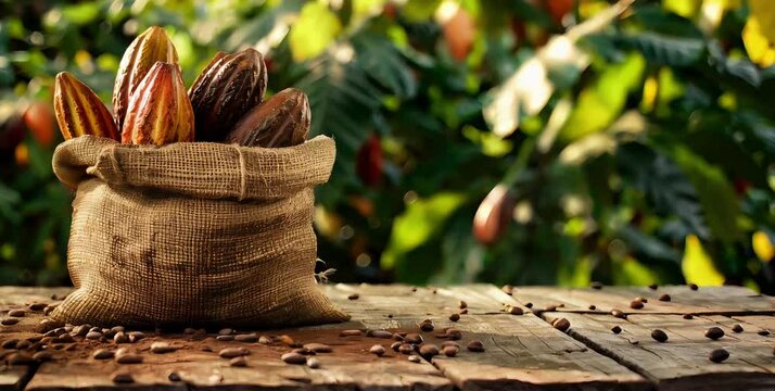 A burlap sack filled with colorful cocoa pods on a rustic wooden surface, surrounded by lush tropical greenery and sunlight.