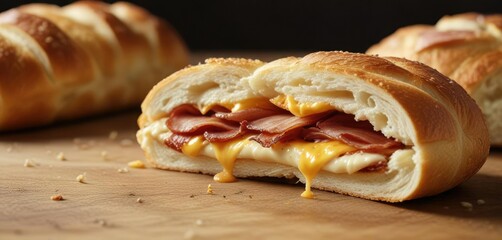 Closed up bacon and cheese filled bread roll with golden crust , appealing, cheesy