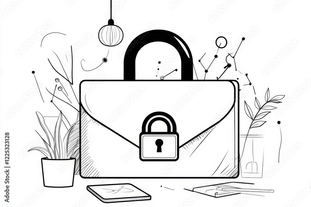 Poster A simple line art representation of a briefcase with a lock symbol on it, indicating confidential information with clean, bold strokes