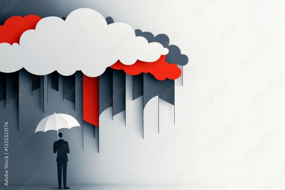 Poster a simple outline of a storm cloud above a figure holding an umbrella, symbolizing concern but also r