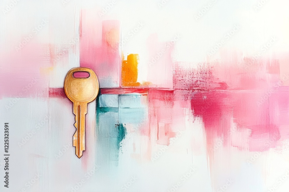 Poster a soft watercolor painting of a glowing key unlocking a door, with ethereal tones blending into the 