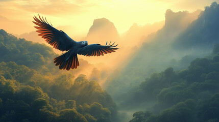 Majestic African Grey Parrot Soaring Over a Grand Landscape