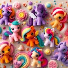 Fototapeta premium Composition of cute ponies and unicorns. In soft colors with iridescent manes and tails.