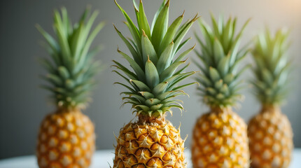 Fototapeta premium Four fresh pineapples with golden-yellow skin and green spiky crowns stand in a row, creating a tropical and vibrant display. The soft lighting highlights their texture, making them look fresh and inv