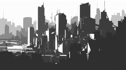 Monochrome Futuristic Cityscape with High-Rise Buildings