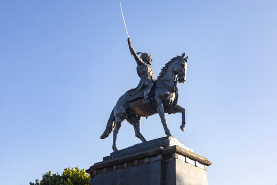 Statue of Chhatrapati Shivaji Maharaj on horseback riding a horse with raised sword Pratapgad, Maharashtra, India