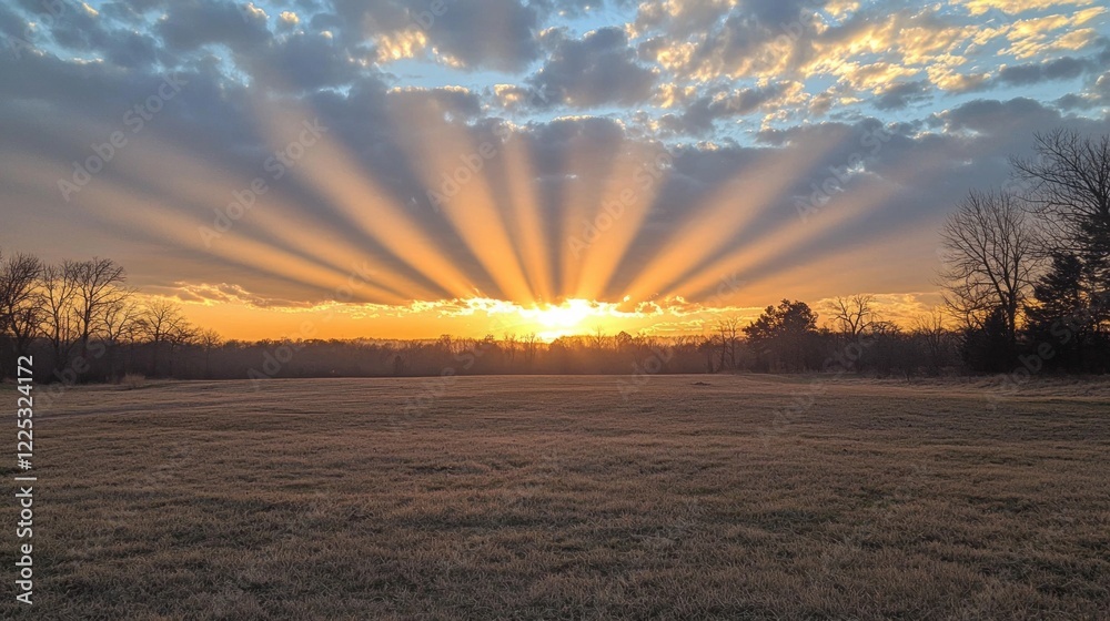 Poster golden rays cascade across the sky as the sun sets, creating a vibrant tapestry of colors. the open 