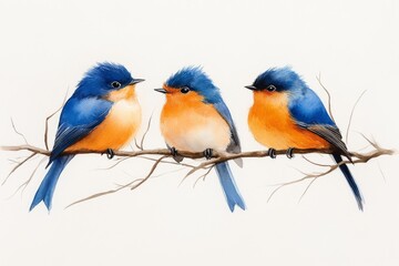 Fototapeta premium A soft watercolor painting of two birds in complementary colors, such as one with bright orange feathers and the other with deep blue, perched on a branch