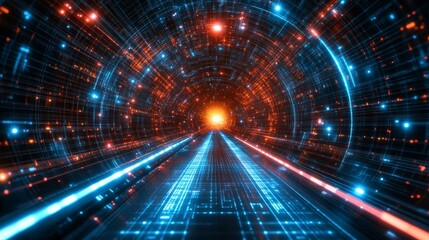 Futuristic Technology Tunnel, Digital Data Stream Flowing, Cyberspace Concept Background
