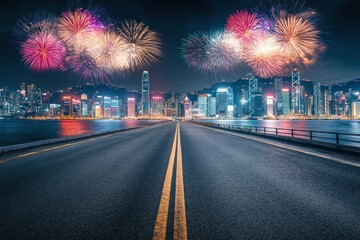 Vibrant City Skyline with Colorful Fireworks Display