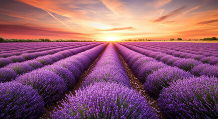Obraz premium Lavender is neatly arranged in rows, showing different shades of purple, creating a peaceful and dreamy atmosphere.