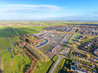 Aerial of new build house construction neighbourhood in Netherlands