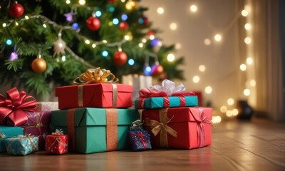 Colorful Christmas presents stacked on a table amidst twinkling fairy lights and a beautifully decorated Christmas tree in the background, gift wrapping, holiday cheer
