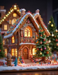 Fototapeta premium Colorful Christmas tree behind a festive gingerbread house, winter, ornaments, holiday