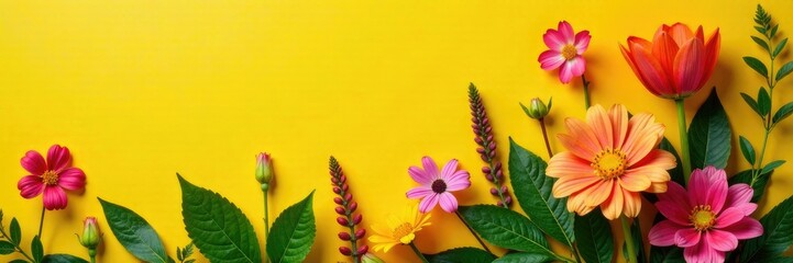 Obraz premium Colorful flower arrangement on a bright yellow base, Green leaves, Floral arrangement, Nature