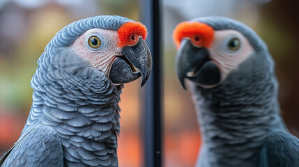 Obraz premium African Grey Parrot Meets Its Reflection
