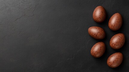 Close-up of chocolate eggs with textured details, surrounded by chocolate chunks on a dark textured background.