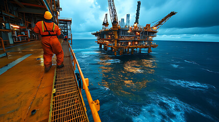 Offshore worker on platform, overlooking rig at twilight, stormy sea