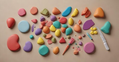 Colorful modeling clay shapes being arranged and rearranged with a plastic knife , creative experimentation, artistic composition, color arrangement