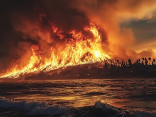 Fototapeta premium Flames consume hillside vegetation as smoke billows over the coast during a dramatic wildfire event at sunset