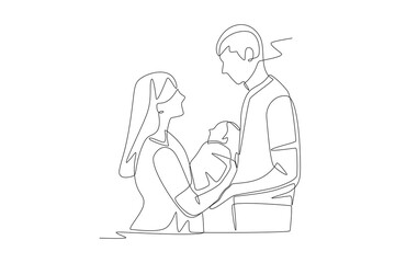 A family with a newborn baby concept one-line drawing
