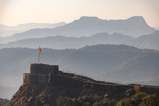 Pratapgad fort and Madhu Makrandgad seen along with various mountains of western ghats, Maharashtra