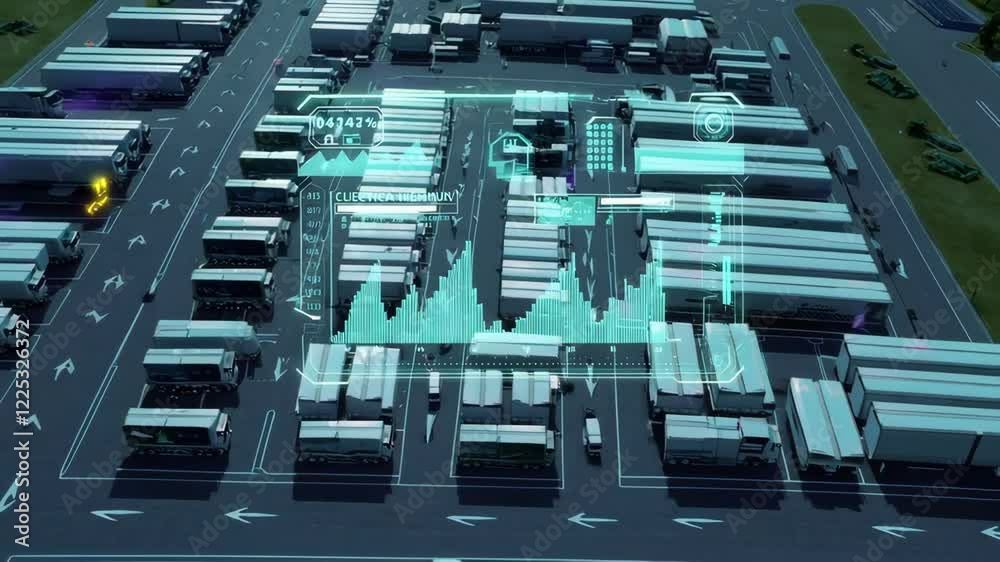 Poster advanced logistics technology in action at a busy truck terminal showcasing fleet management systems