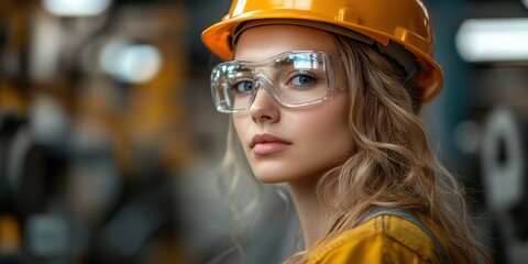 Portrait of a young woman wearing safety gear in an industrial setting during daylight
