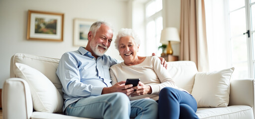 Obraz premium A happy elderly married couple is sitting on the couch in the living room, looking at the phone