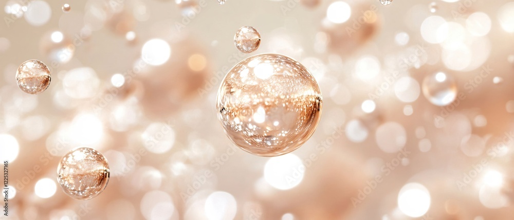 Poster abstract floating spheres with light reflections on a soft peach background with bokeh effect