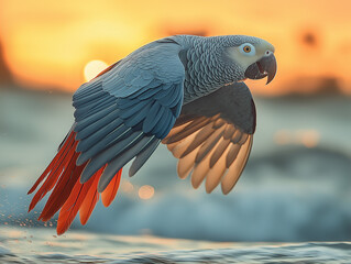 Fototapeta premium An African grey parrot gliding over water